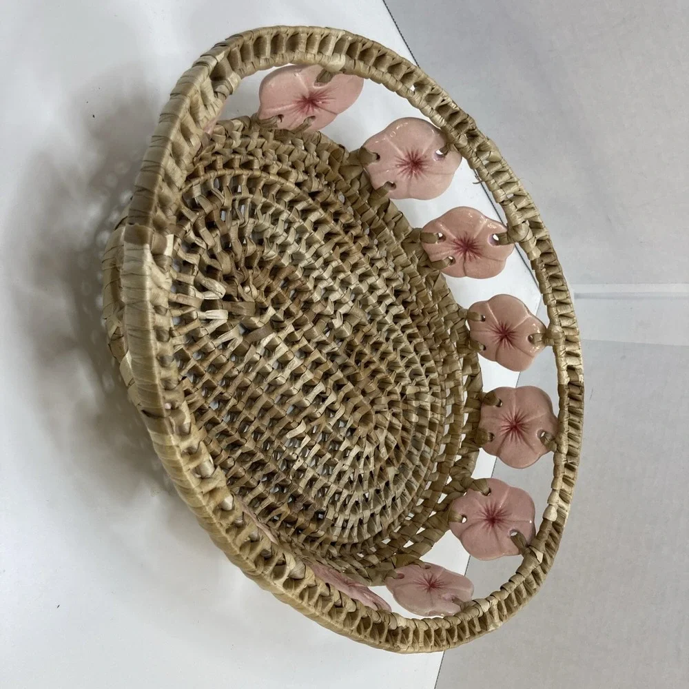 Rare Vintage Woven‎ Raffia Market With Porcelain Hibiscus Flower Adornment 11'